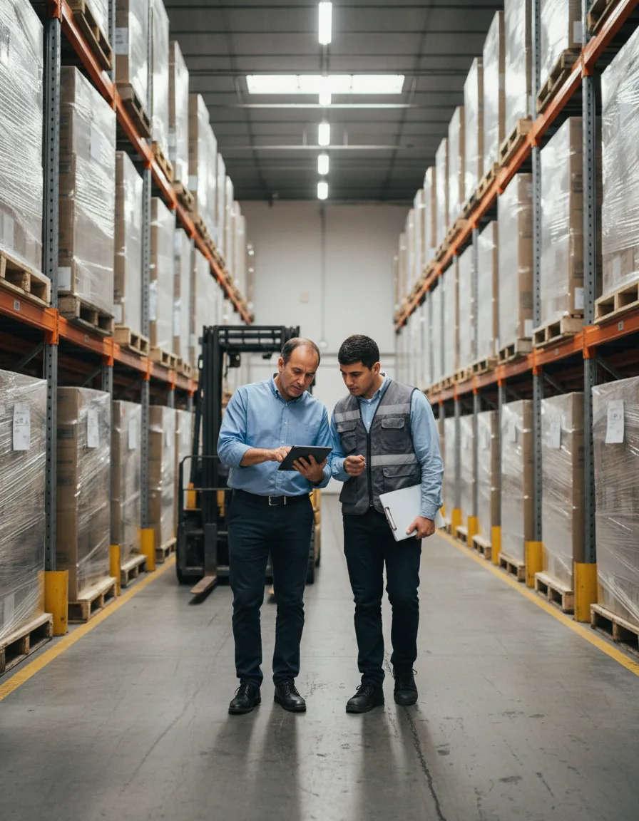 Dos personas revisan una tablet en el pasillo de una bodega de distribución