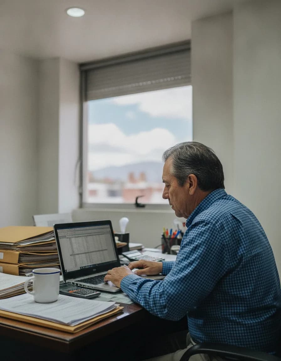 Hombre emite documentos en su notebook en una oficina con carpetas