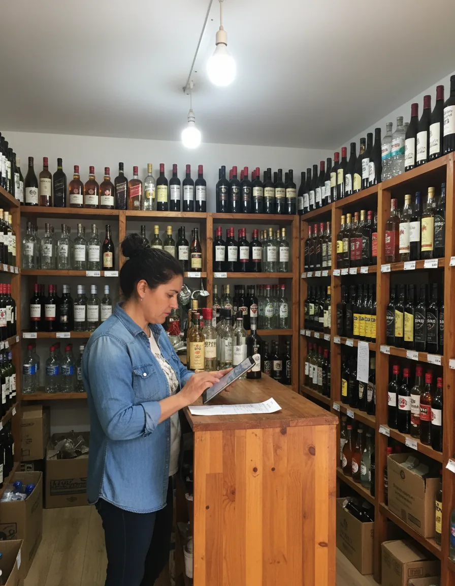 Encargada de una botillería revisa una tablet junto al mesón, con estanterías de vinos al fondo