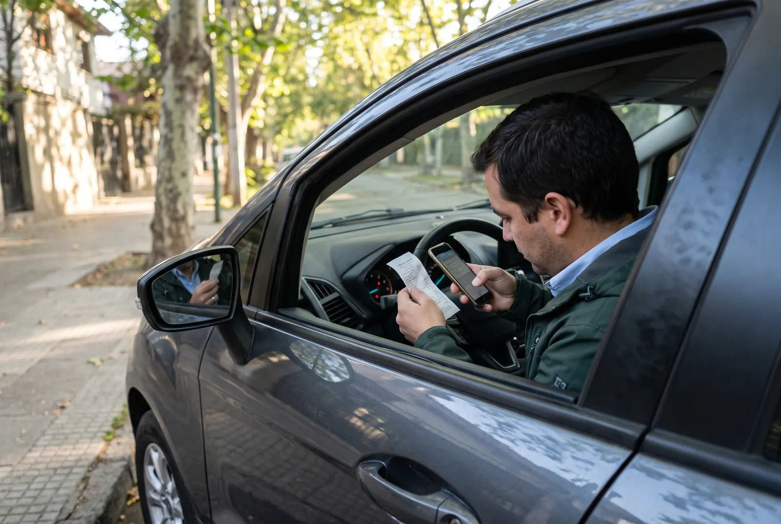 Vendedor en terreno fotografía con el celular una boleta sobre el tablero de su auto