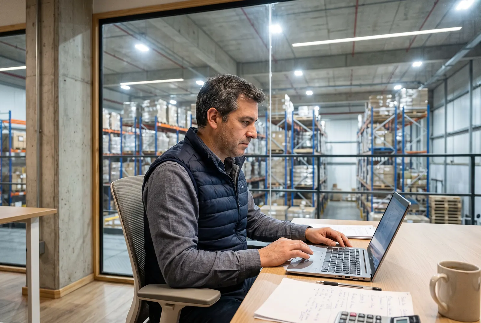 Dueño de una pyme revisa los números de su empresa en el notebook, con la bodega al fondo