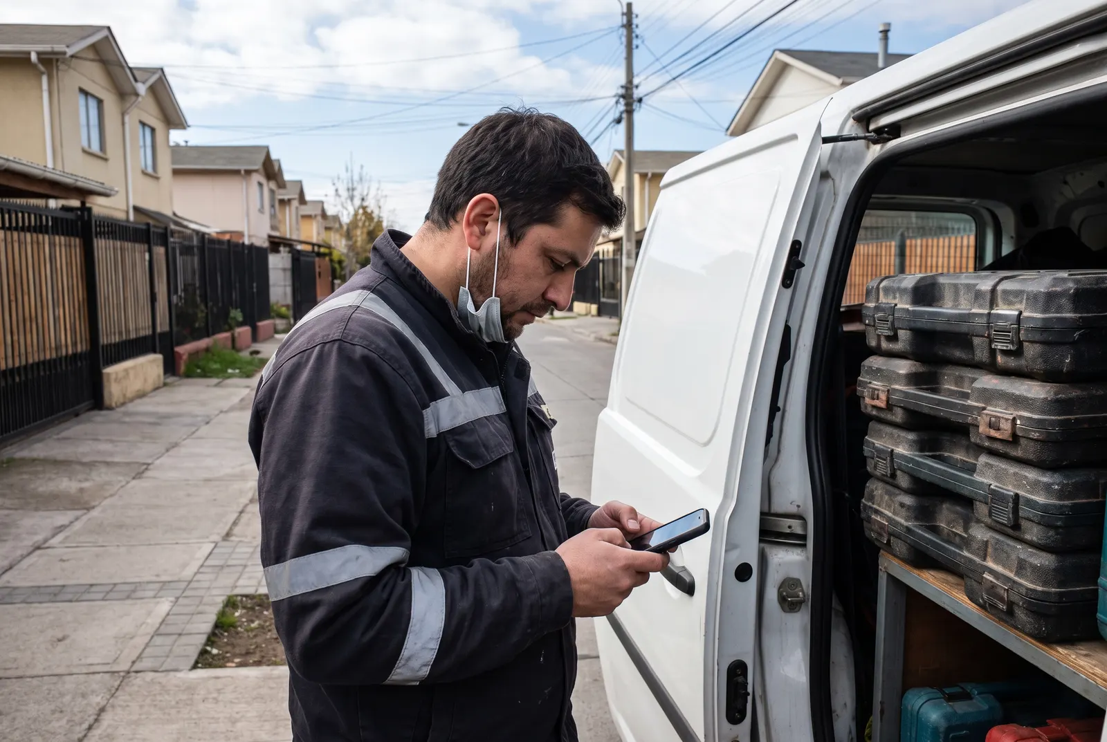 Técnico en terreno revisa una orden de trabajo en el celular junto a su camioneta